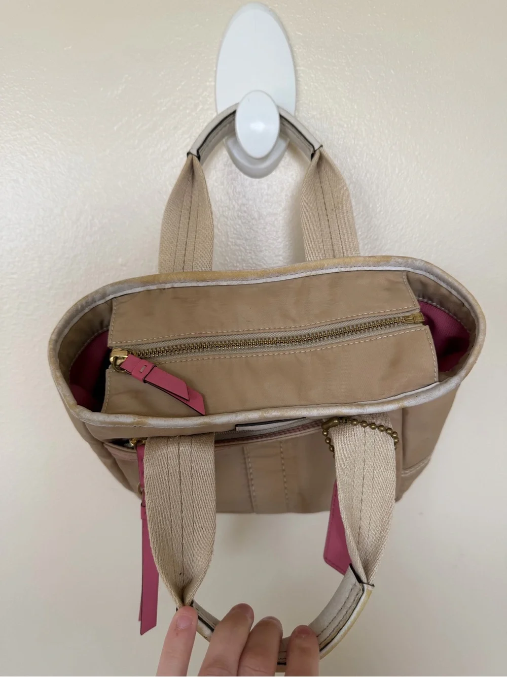 COACH MINI TOTE Brown Leather Accents - Tan & Bright Pink F10694